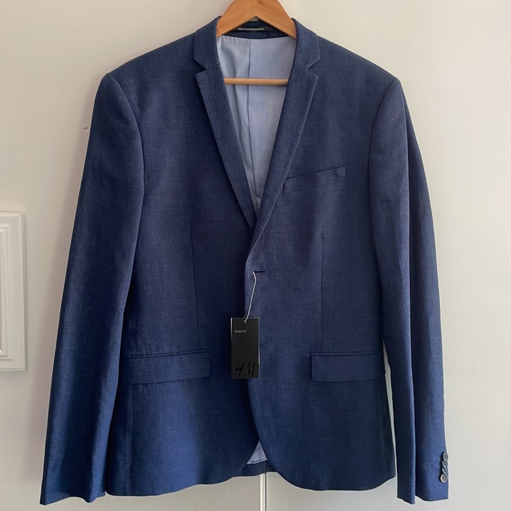 NWT H&M Slim Fit Linen Jacket Sport Coat Blue